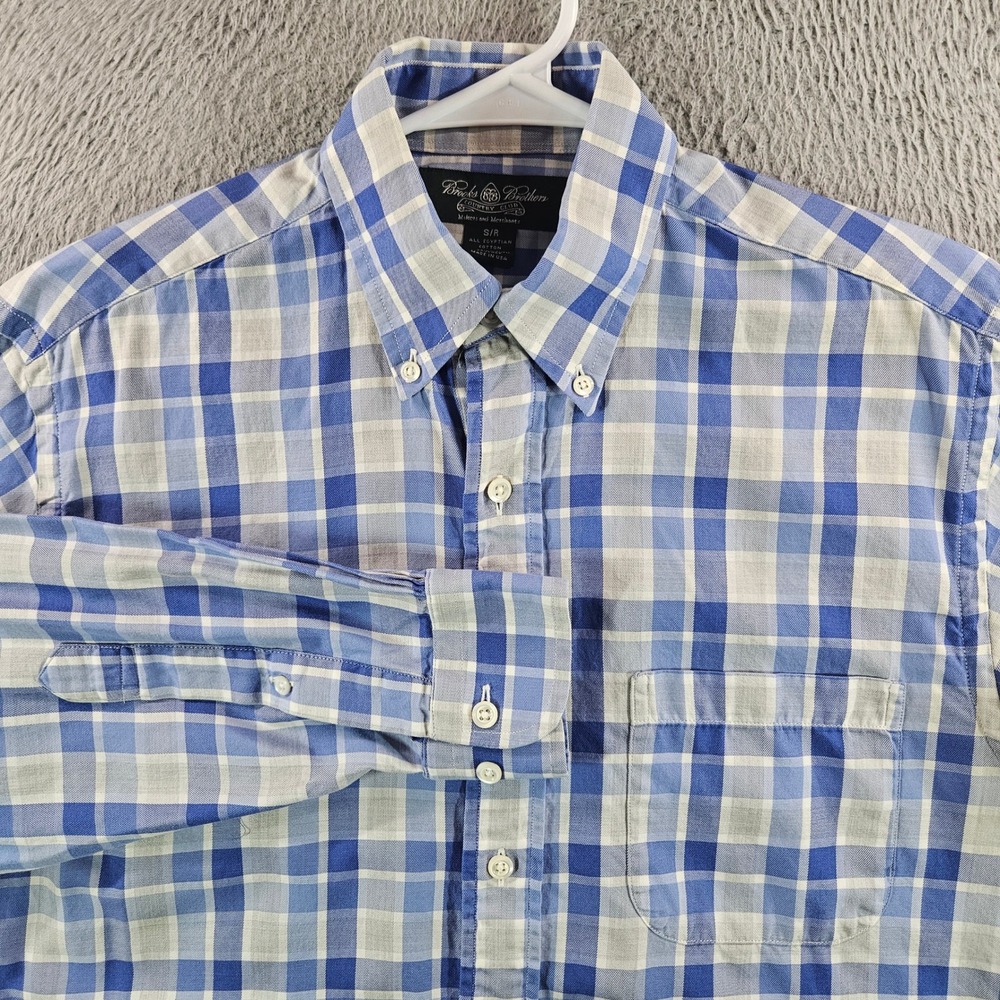 Brooks Brothers Country Club Mens Blue Plaid Egyptian Cotton Shirt S/R USA Made